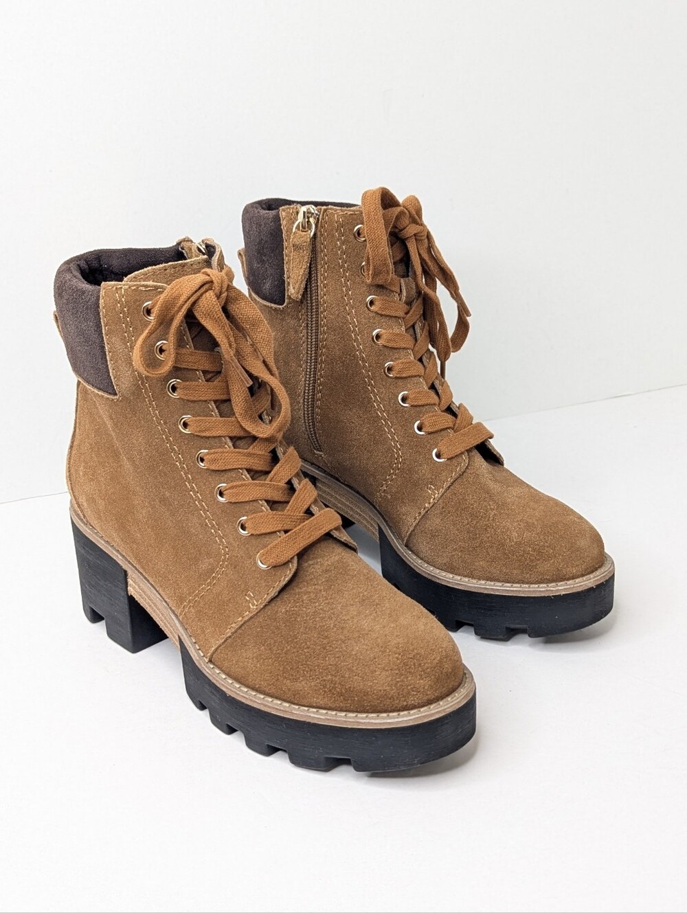Kelsi Dagger Brooklyn Otto Lug Heel Lace-Up Booties Tan Suede Womens 6